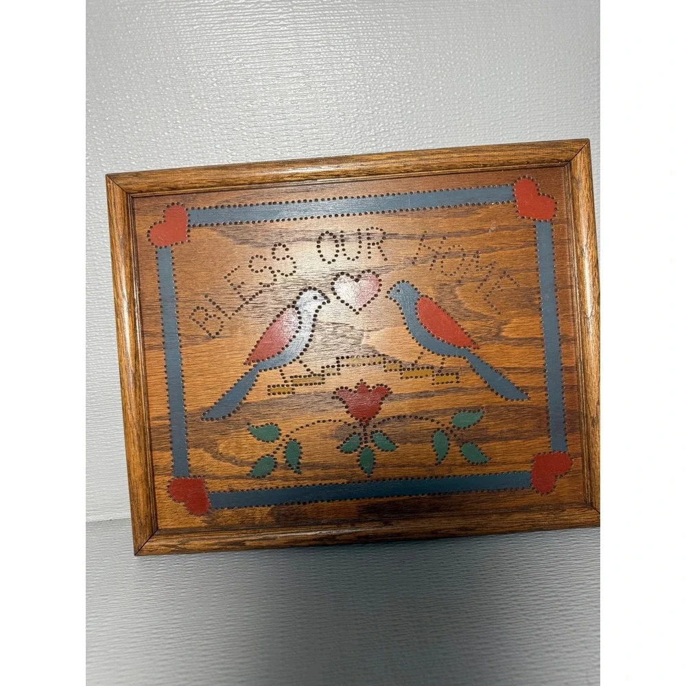 Vintage Folk Art Bless Our Home Wooden Wall Plaque Bird Heart Rustic Decor 14in